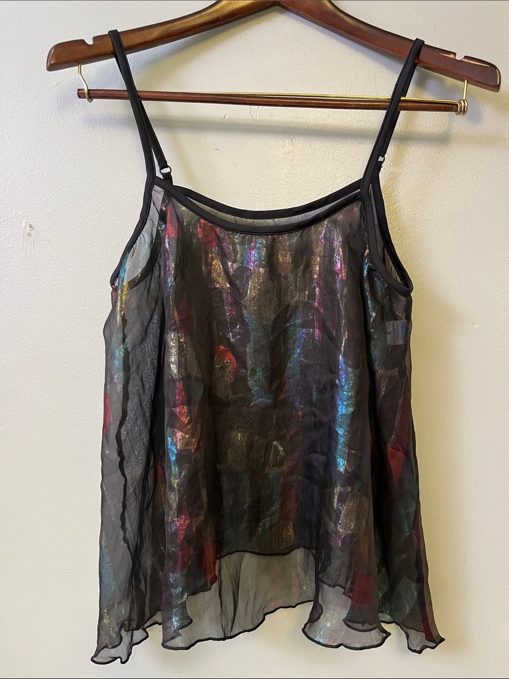 Venus Black Strapped See-Through Tank Top with a Metallic Finish